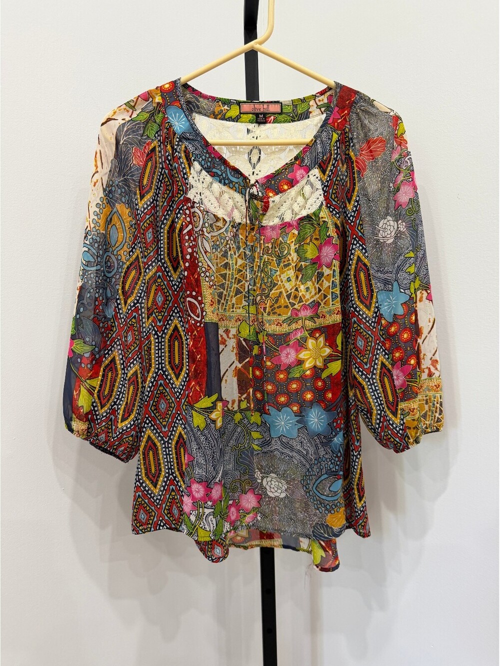 Olive Hill Women's Patchwork Floral Boho Blouse with Lace Detail